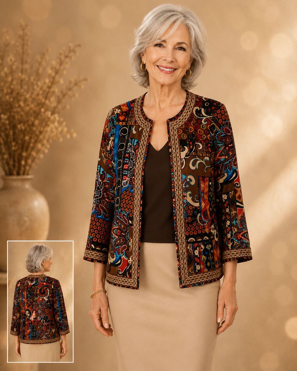 Joan Rivers XS Paisley Patchwork Open Front Jacket Embellished Trim Career Boho